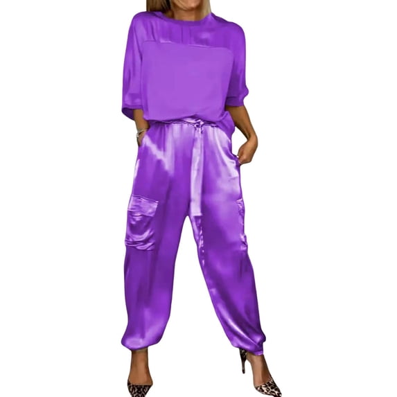 Quixlent 2 Pcs/Set Women Top Pants Suit Satin Smooth Surface Half Sleeves O Neck Loose T-shirt Lace-up Pure Color Trouser with Pockets Lady Casual Pantsuit