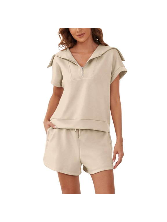 2 Pcs/Set Women Top Shorts Suit Half Zipper Turn-down Collar Short Sleeves Blouse Drawstring Elastic Waist Pockets Loose Pants Sport Casual Summer Daily Outfit