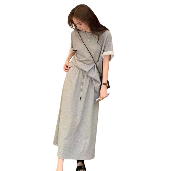 Quixlent 2 Pcs/Set Women Top Skirt Set Round Neck Solid Color Short Sleeves T-shirt Adjustable Waist Pleated Maxi Skirt Casual Commute Dating T-shirt Set