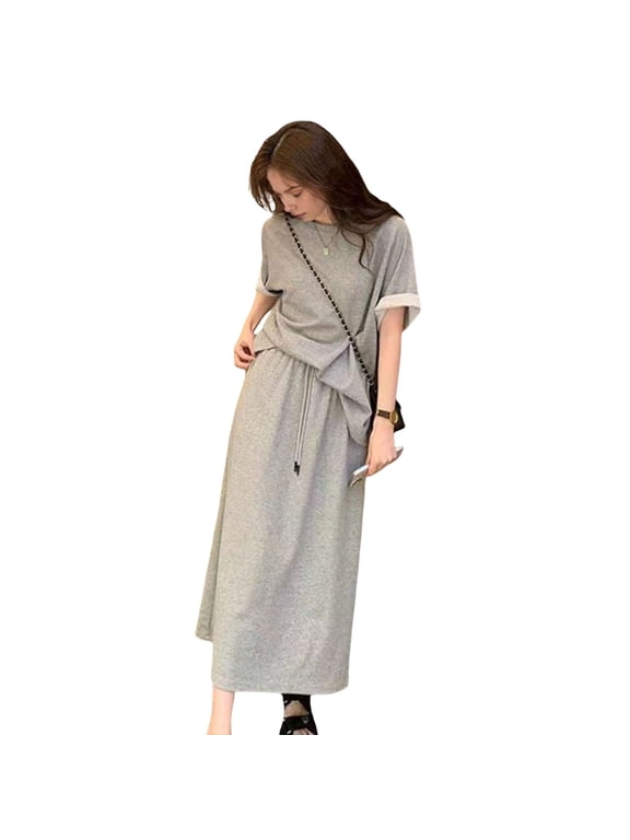 2 Pcs/Set Women Top Skirt Set Round Neck Solid Color Short Sleeves T-shirt Adjustable Waist Pleated Maxi Skirt Casual Commute Dating T-shirt Set