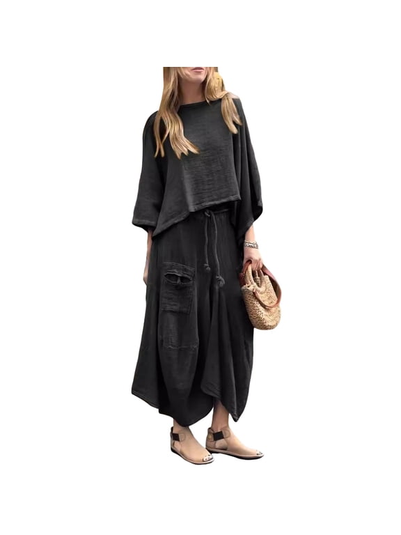 2 Pcs/Set Women Top Skirt Suit Round Neck Three Quarter Sleeve Slant Hem Vintage Top Drawstring Elastic Waist Loose Irregular Maxi Skirt Spring Daily Wear Outfit