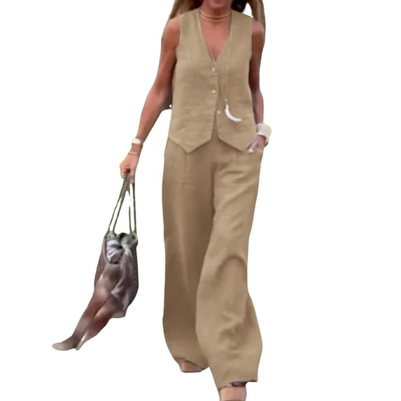Quixlent 2 Pcs/Set Women Vest Pants Set Sleeveless V Neck Single-breasted Top Elastic Waist Side Pockets Straight Trousers Casual Commute Clothes Daily Outfit