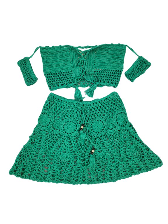 2Pcs/Set Crochet Bikini Set Knitted Hollow Fabric Lace-up Top High Waist Mini Skirt Swimwear Handmade Crochet Beachwear