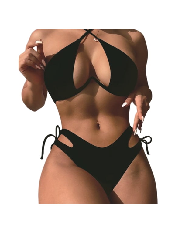 2Pcs/Set Women Summer Bikini Set Solid Color Hollow Out Halter Bra High Waist Lace-up Swimming Briefs Set Quick Drying Bathing Suit