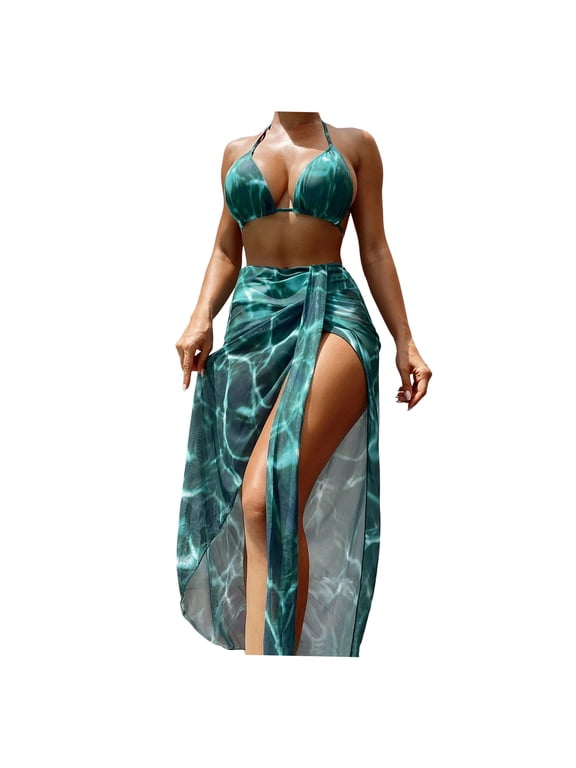 3 Pcs/Set Women Swimsuit Set Tie-dye Lace-up Halter Neck Color Matching Revealing High Waist Wireless Summer Beach Swimwear Bathing Suit Wading Sports Clothes