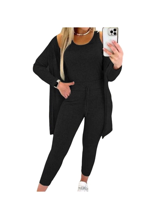 3 Pcs/Set Women Vest Coat Pants Suit Round Neck Sleeveless Top Long Sleeves Solid Color Coat Elastic Waist Wide Leg Trousers Daily Wear Sport Outfit Fall Spring Tracksuit