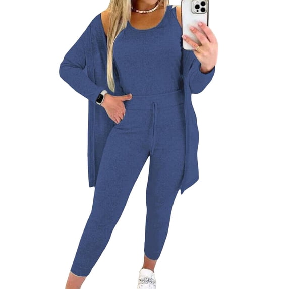 Quixlent 3 Pcs/Set Women Vest Coat Pants Suit Round Neck Sleeveless Top Long Sleeves Solid Color Coat Elastic Waist Wide Leg Trousers Daily Wear Sport Outfit Fall Spring Tracksuit