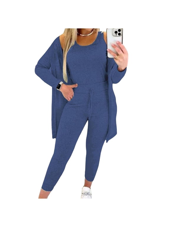 3 Pcs/Set Women Vest Coat Pants Suit Round Neck Sleeveless Top Long Sleeves Solid Color Coat Elastic Waist Wide Leg Trousers Daily Wear Sport Outfit Fall Spring Tracksuit