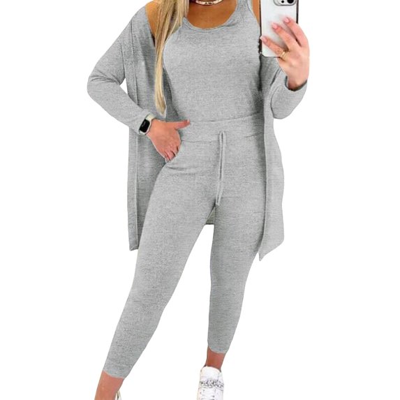 Quixlent 3 Pcs/Set Women Vest Coat Pants Suit Round Neck Sleeveless Top Long Sleeves Solid Color Coat Elastic Waist Wide Leg Trousers Daily Wear Sport Outfit Fall Spring Tracksuit