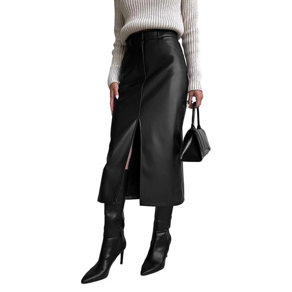 Quixlent Autumn Winter Retro Skirt Faux Leather High Waist Skirt with Side Slits Solid Color Windproof Midi Skirt