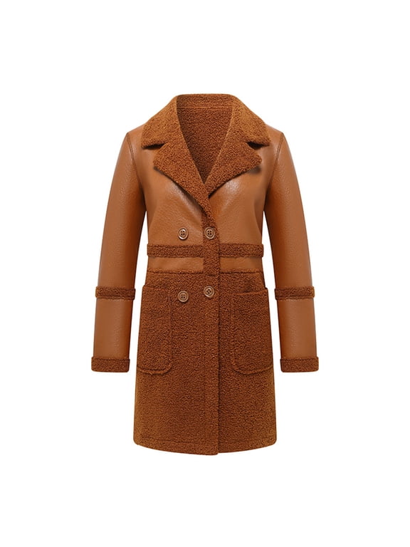 Autumn Winter Women Jacket Thickened Plush Faux Leather Patchwork Mid Length Plus Size Patch Pockets Double-breasted Turn-down Collar Overcoat