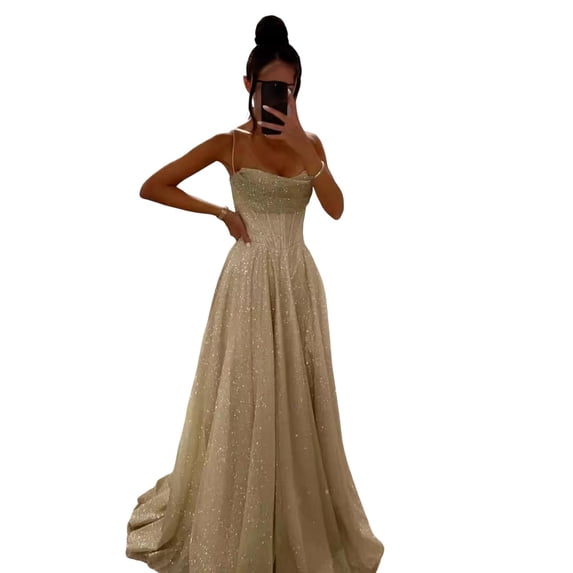 Quixlent Bridal Wedding Dress Prom Party Evening Dress Backless Spaghetti Strap Sequin Sleeveless A-line Floor Length Ball Gown Pleated Low-cut Cocktail Dress