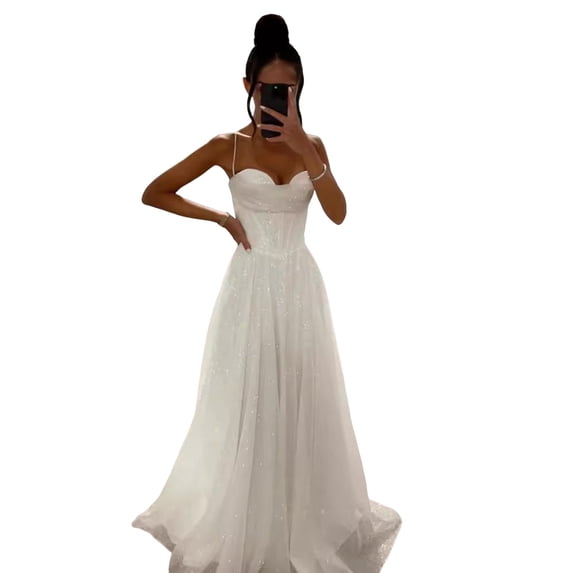 Quixlent Bridal Wedding Dress Prom Party Evening Dress Backless Spaghetti Strap Sequin Sleeveless A-line Floor Length Ball Gown Pleated Low-cut Cocktail Dress