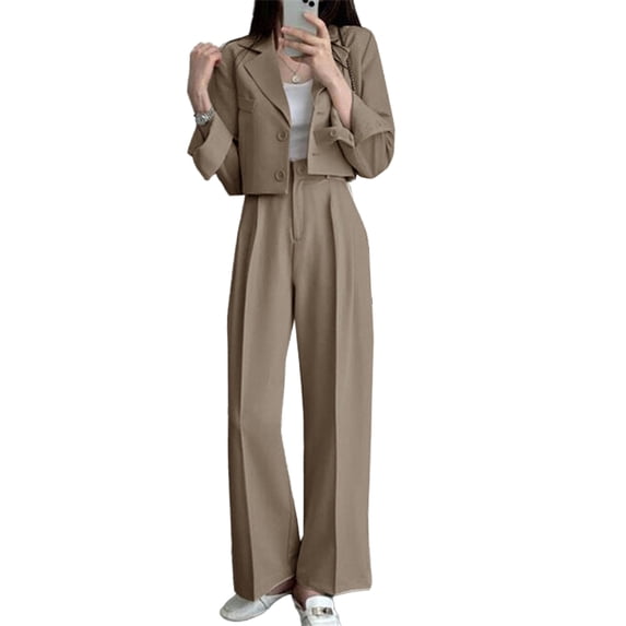 Quixlent Business Casual Outfits for Women Cropped Blazer Jackets Wide Leg Pants Suit Set Fall 2 Piece Work Office Set