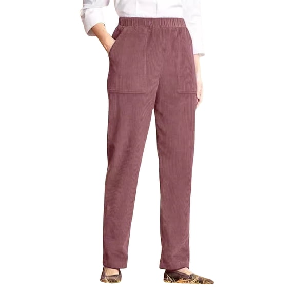 Quixlent Corduroy Casual Pants Elastic Waist Women Long Pants with Pockets Solid Color Straight Leg Commuting Office Travel Slacks