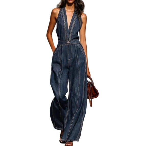 Quixlent Denim Jumpsuit for Women, Sleeveless Halter V Neck Wide Leg Jeans Pants Romper, High Waist Casual One Piece Outfits with Pockets