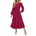 thumbnail image 1 of Quixlent Fall Winter Women Dress Long Lantern Sleeves A-line Round Neck Big Hem Dot Applique Pleated Solid Color Dating Commuting Midi Dress, 1 of 7