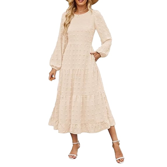 Quixlent Fall Winter Women Dress Long Lantern Sleeves A-line Round Neck Big Hem Dot Applique Pleated Solid Color Dating Commuting Midi Dress