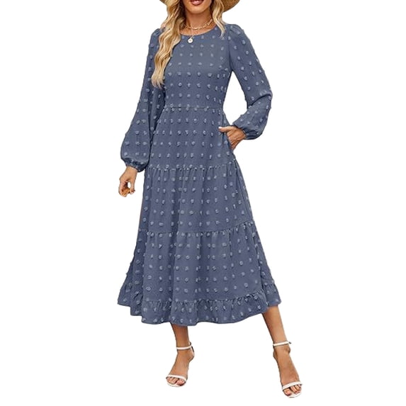 Quixlent Fall Winter Women Dress Long Lantern Sleeves A-line Round Neck Big Hem Dot Applique Pleated Solid Color Dating Commuting Midi Dress