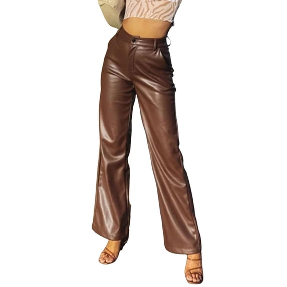 Quixlent Faux Leather Women Pants Button Zipper Fly Straight Wide Leg Trousers with Pockets High Waist Loose Fit Long Pants