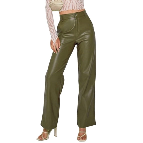 Quixlent Faux Leather Women Pants Button Zipper Fly Straight Wide Leg Trousers with Pockets High Waist Loose Fit Long Pants
