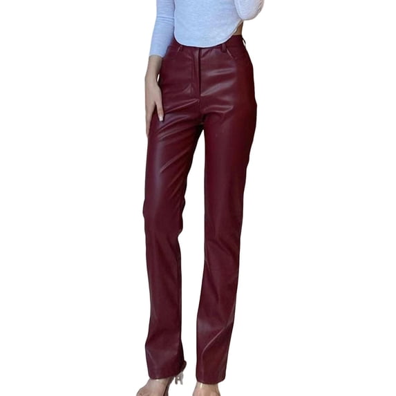 Quixlent Faux Leather Women Pants Button Zipper Fly Straight Wide Leg Trousers with Pockets High Waist Loose Fit Long Pants