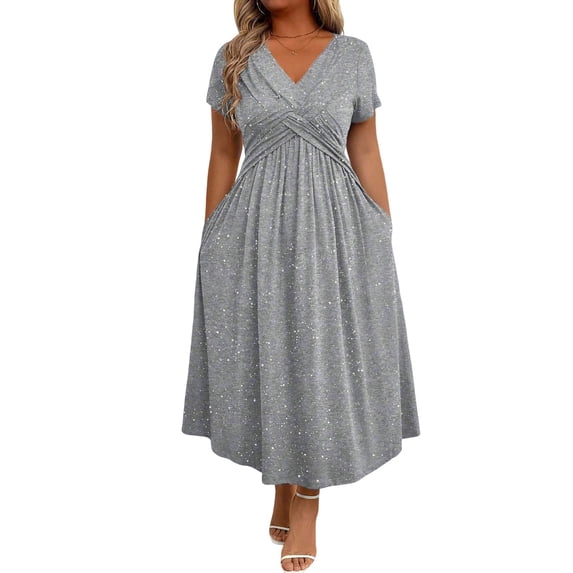 Quixlent Glitter Sparkly Summer Dress for Women Twist Front V Neck Flowy Beach Sundress Short Sleeve A-line Swing Long Dress