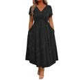 thumbnail image 1 of Quixlent Glitter Sparkly Summer Dress for Women Twist Front V Neck Flowy Beach Sundress Short Sleeve A-line Swing Long Dress, 1 of 8