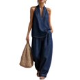thumbnail image 1 of Quixlent Halter Denim Set for Women Sleeveless Tank Top And Wide Leg Pants Lounge Sets Summer Casual Two Piece Outfits with Pockets, 1 of 8