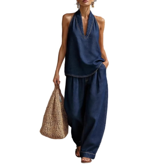 Quixlent Halter Denim Set for Women Sleeveless Tank Top And Wide Leg Pants Lounge Sets Summer Casual Two Piece Outfits with Pockets