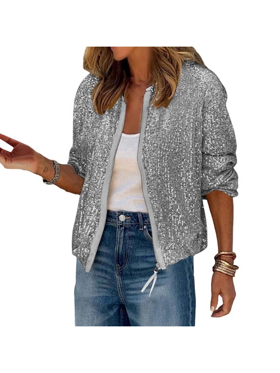 Lady Coat Glittering Sequin Round Neck Zipper Closure Long Sleeves Cardigan Short Type Loose Club Performance Stage Party Jacket