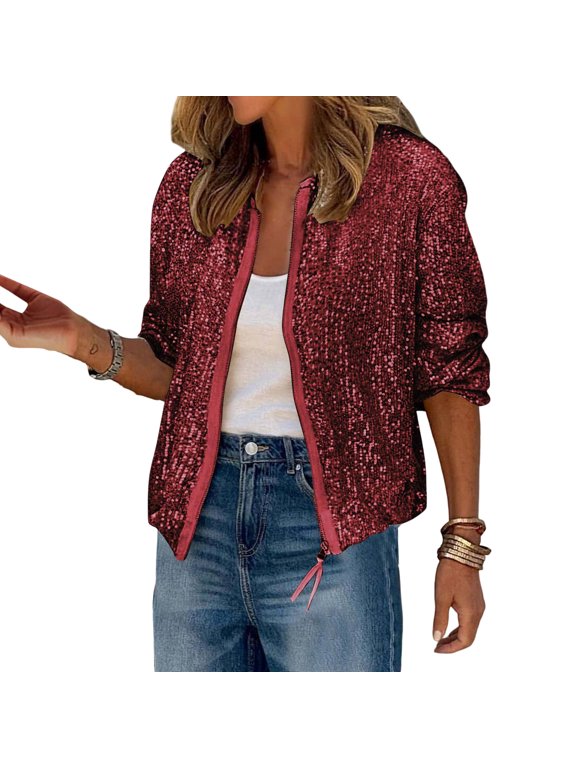 Lady Coat Glittering Sequin Round Neck Zipper Closure Long Sleeves Cardigan Short Type Loose Club Performance Stage Party Jacket
