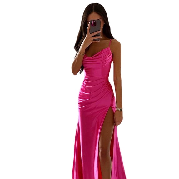 Quixlent Lady Evening Dress Low-cut V Neck Sleeveless Spaghetti Strap Satin Pleated High Split Solid Color Tight Waist Slim Fit Full Length Summer Prom Party Gown Ball