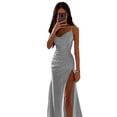 thumbnail image 1 of Quixlent Lady Evening Dress Low-cut V Neck Sleeveless Spaghetti Strap Satin Pleated High Split Solid Color Tight Waist Slim Fit Full Length Summer Prom Party Gown Ball, 1 of 8