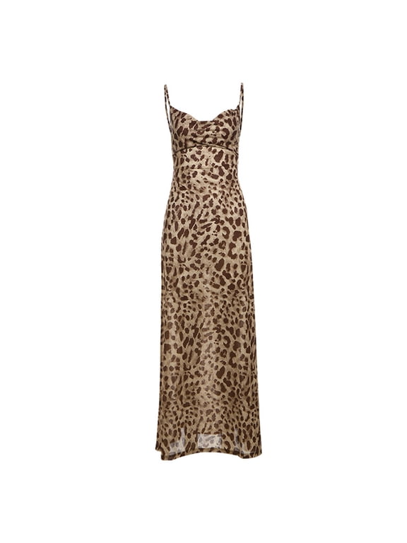 Lady Slip Dress Leopard Print Backless Slim Waist Low-cut V Neck Sleeveless A-line Prom Cocktail Club Party Maxi Dress