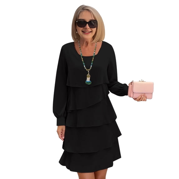 Quixlent Layered Chiffon Dress for Women Long Sleeve Crew Neck Ruffle Tiered Flowy Dress Casual Wedding Guest Dress