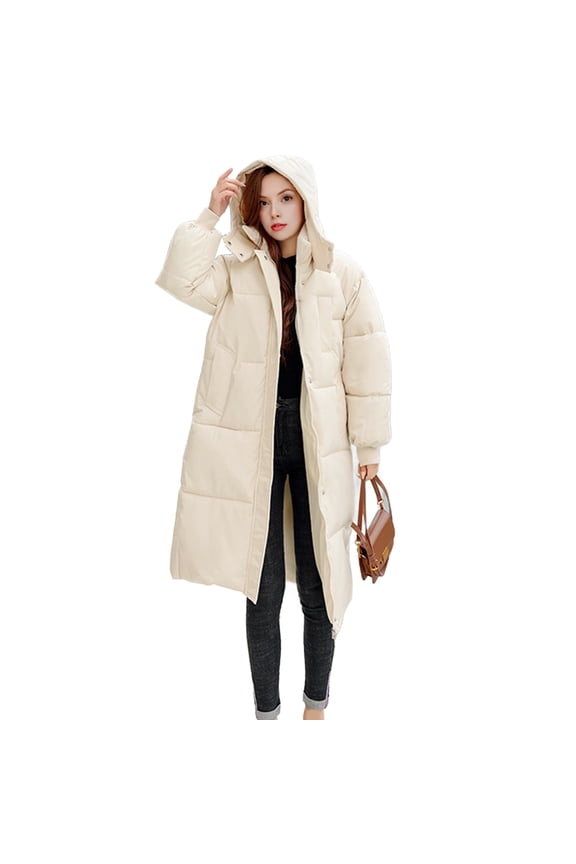 Long Puffer Jacket for Women Thicken Warm Quilted Hooded Coat Zip Up Full Length Down Coat Winter Outerwear