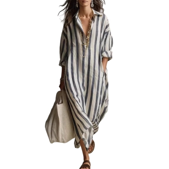 Quixlent Loose Shirt Dress for Women Casual Long Sleeve V Neck Striped Long Dress Travel Vacation Maxi Dress with Pockets