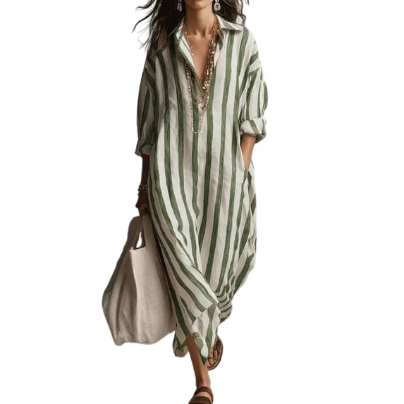 Quixlent Loose Shirt Dress for Women Casual Long Sleeve V Neck Striped Long Dress Travel Vacation Maxi Dress with Pockets