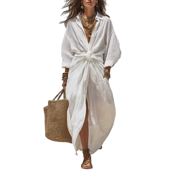 Quixlent Maxi Shirt Dress for Women, V Neck Long Sleeve Ruffled Tie Waist Boho Long Dress, High Slit A-line Loose Flowy Dress with Pockets