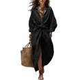 thumbnail image 1 of Quixlent Maxi Shirt Dress for Women, V Neck Long Sleeve Ruffled Tie Waist Boho Long Dress, High Slit A-line Loose Flowy Dress with Pockets, 1 of 8