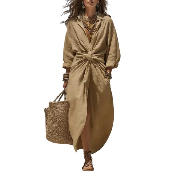 Quixlent Maxi Shirt Dress for Women, V Neck Long Sleeve Ruffled Tie Waist Boho Long Dress, High Slit A-line Loose Flowy Dress with Pockets