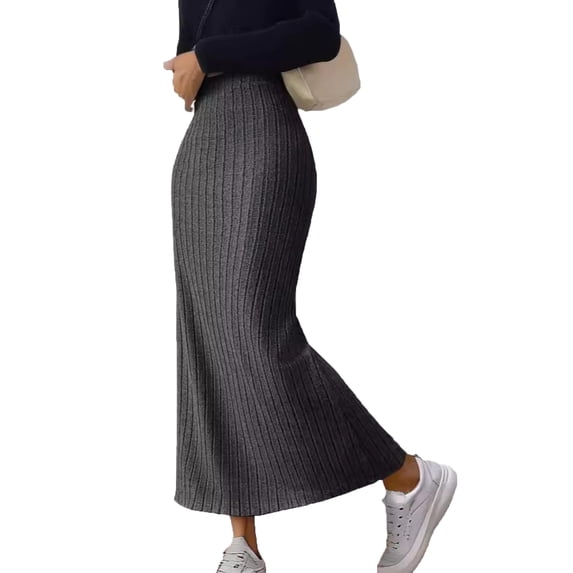 Quixlent Maxi Skirt with Side Slits High-Waisted Ribbed Long Skirt Solid Color Hip Wrapped Autumn Winter Long Skirt
