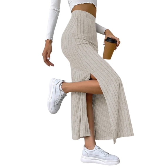 Quixlent Maxi Skirt with Side Slits High-Waisted Ribbed Long Skirt Solid Color Hip Wrapped Autumn Winter Long Skirt