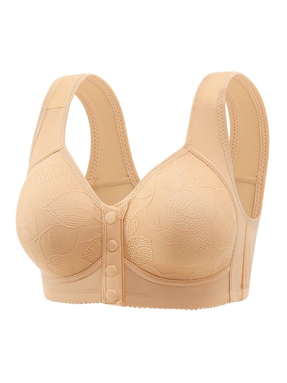 Mid-aged Women Bra Elastic Front Button Closure Leaf Lace Thin Shockproof Push-up Anti-snagging Wireless Mother Daily Exercise Bra