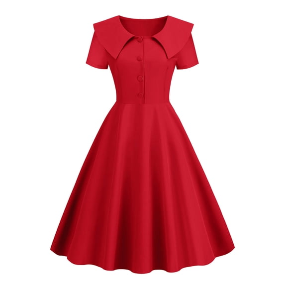 Quixlent Retro Women Dress Turn-down Collar Shortn Sleeves A-line Big Swing Buttons Slim Fit Solid Color 50s Ball Prom Midi Dress