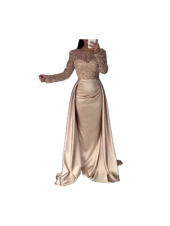 Sequin Sheer Mesh Long Sleeve Maxi Dress for Women Flowy Glitter A-line Long Dress Formal Cocktail Evening Gown