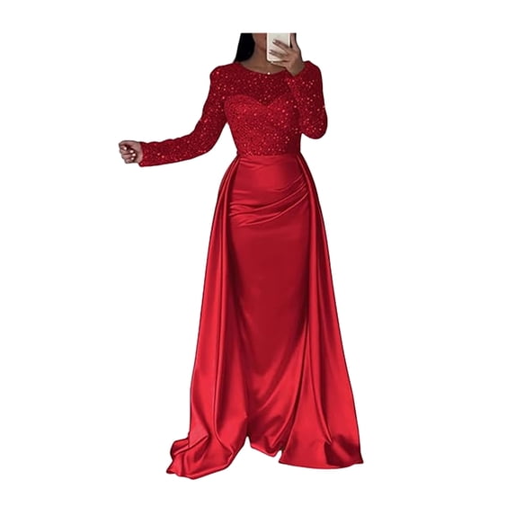 Quixlent Sequin Sheer Mesh Long Sleeve Maxi Dress for Women Flowy Glitter A-line Long Dress Formal Cocktail Evening Gown