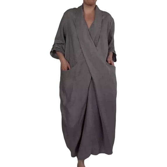 Quixlent Spring Fall Maxi Dress Robe Baggy Cross V Neck Solid Color Large Pocket Retro A-line Bohemian Maxi Dress Casual Party Travel Dress