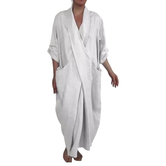 Quixlent Spring Fall Maxi Dress Robe Baggy Cross V Neck Solid Color Large Pocket Retro A-line Bohemian Maxi Dress Casual Party Travel Dress